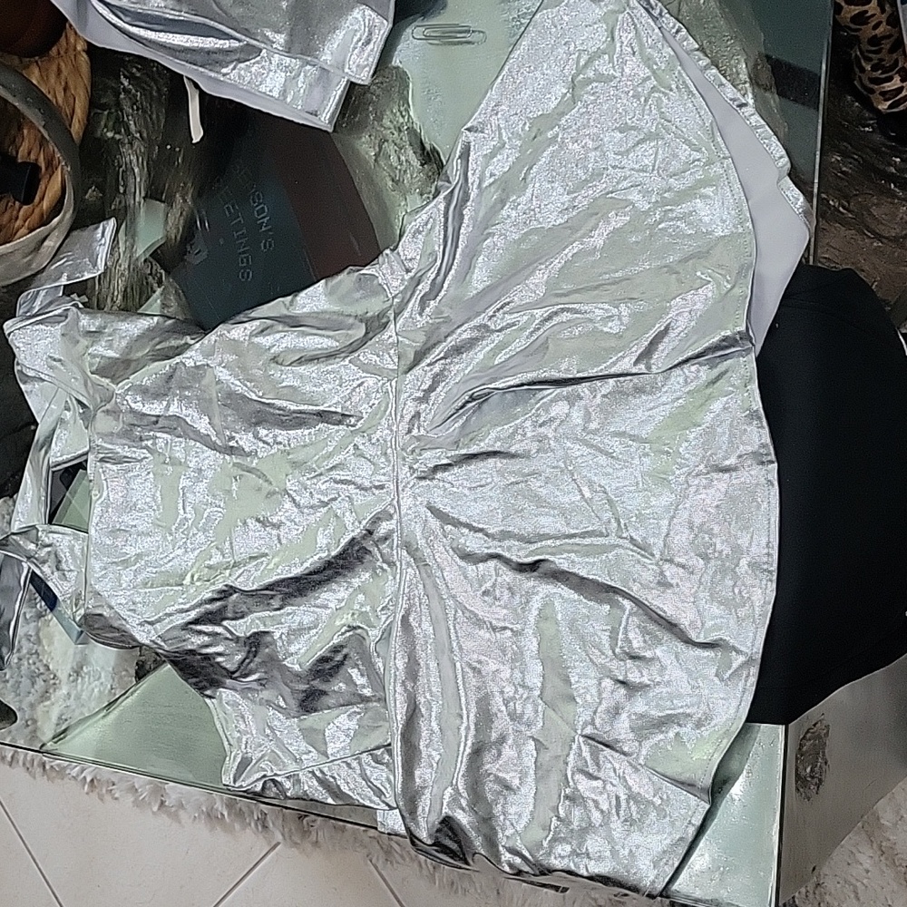 Silver metallic disco 70's set bell bottom halter top sunglasses jewelry costume